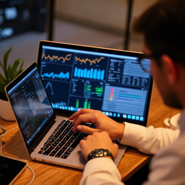 Person analyzing data on laptop